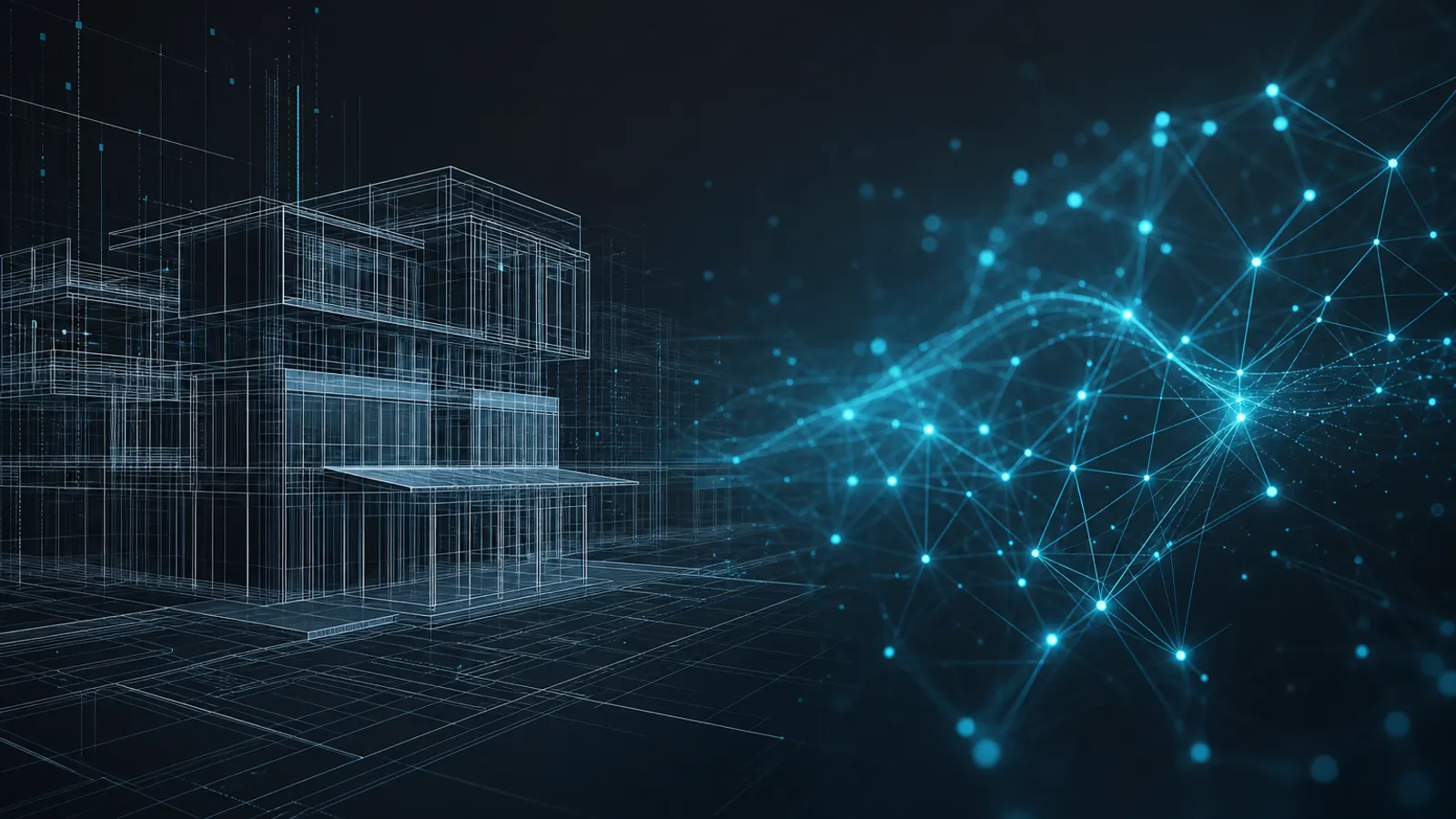 Wireframe BIM conectado a nodos de IA